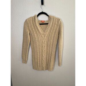 Tommy Bahama Relax Women’s Beige Cable Knit Hood V-Neck Sweater S/P Cotton Blend